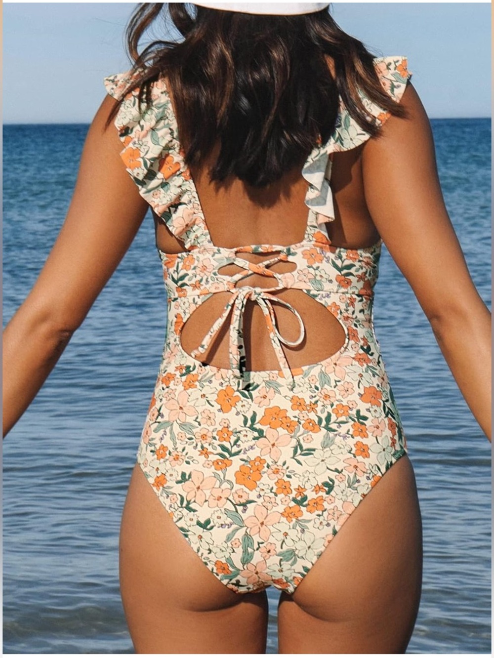 🔥 NWT CUPSHE one piece lace up/ruffles  floral swimsuit size M, XL.